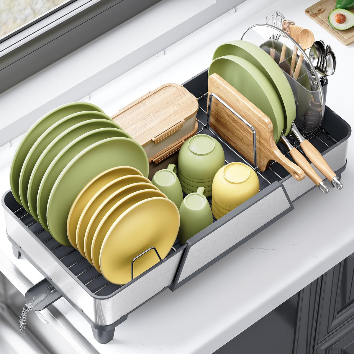 Urackify large dish drying rack extended mode, maximizing counter space for dishes.