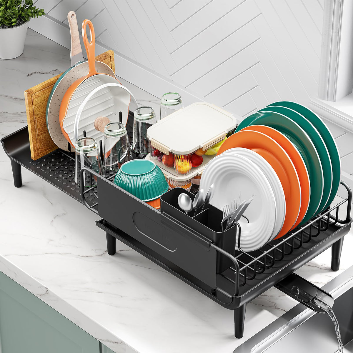 Urackify large extendable dish rack stretched to fit wide sinks, maximizing counter space.