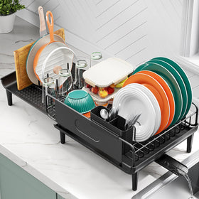 Urackify large extendable dish rack stretched to fit wide sinks, maximizing counter space.