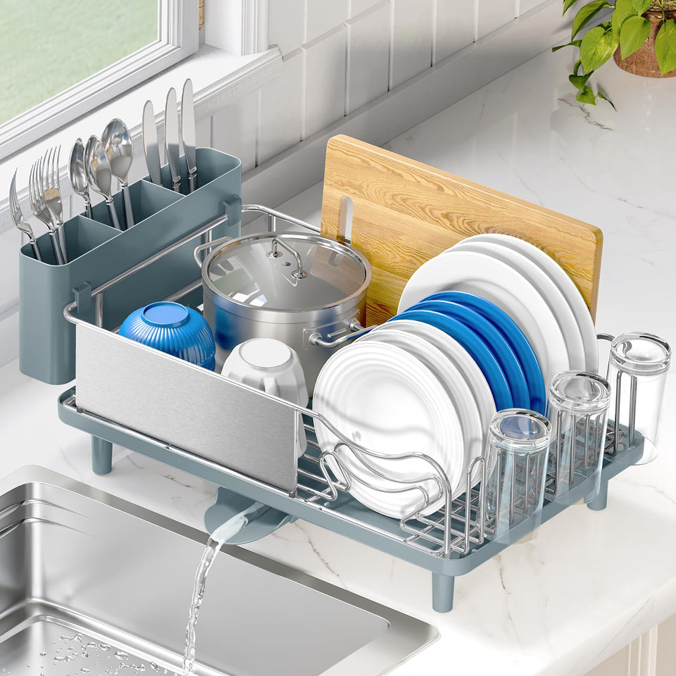 Urackify stainless steel dish drying rack over sink helps keep countertops decluttered.