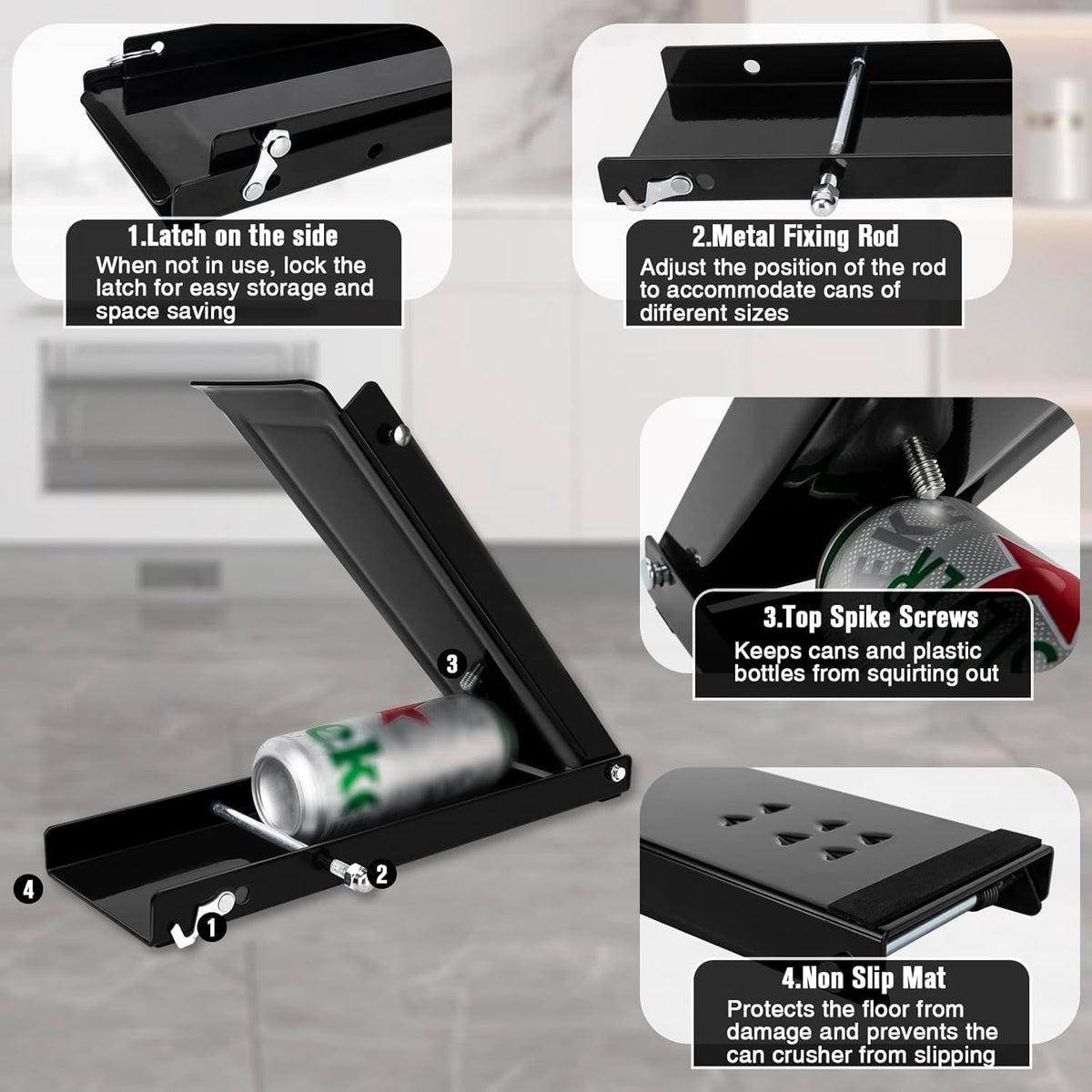 UrbAmerican Foot Can Crusher fold-flat storage demonstrates easy to tuck away.