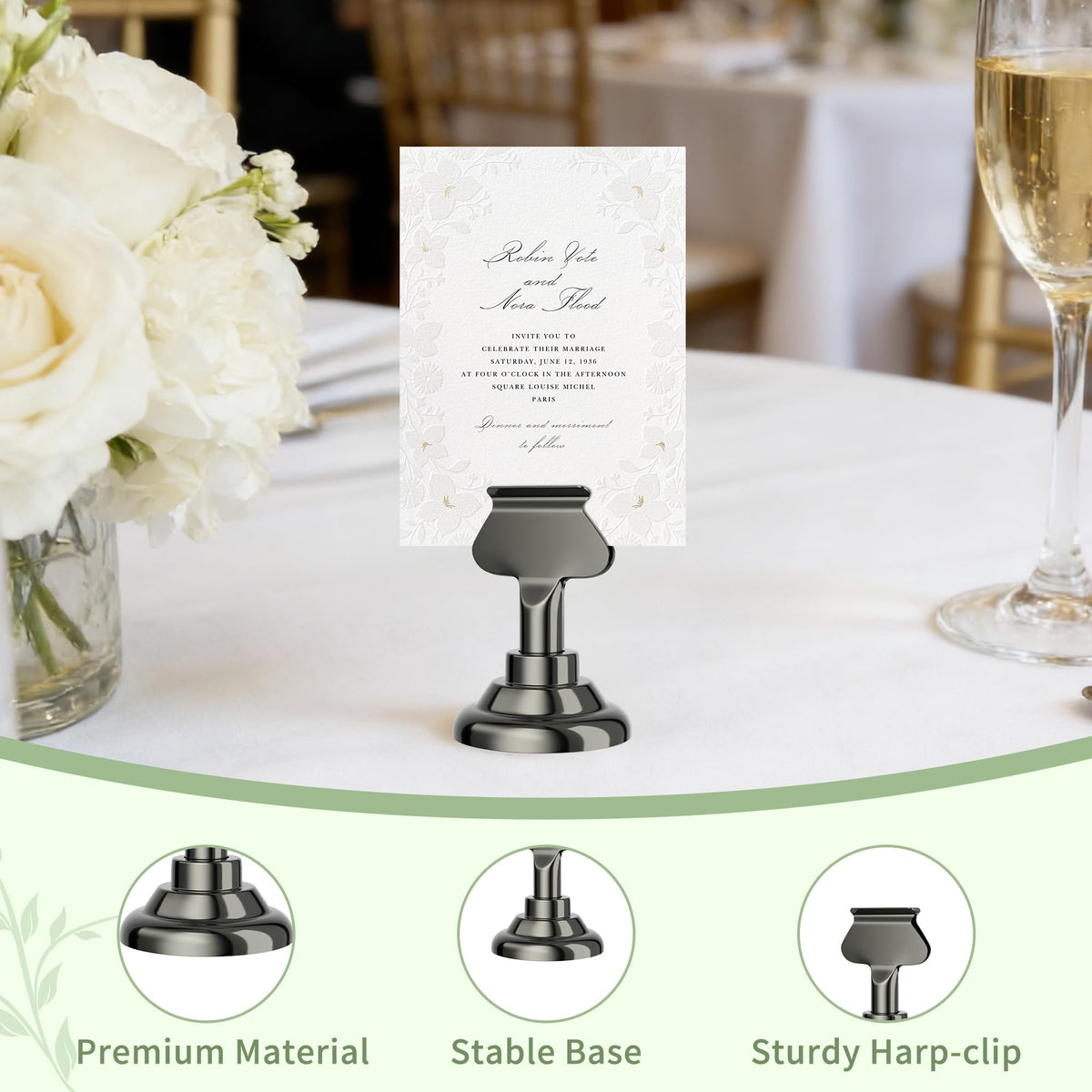 Urban Deco wedding decor holder with nickel black finish complements guests' cards