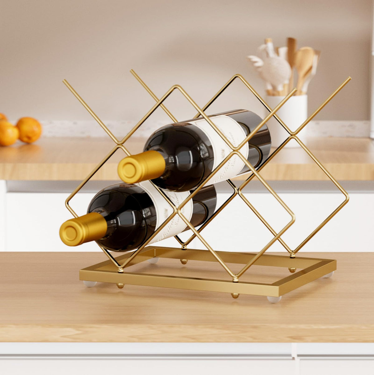 Urban Deco Gold Wine Rack with bottles, stable support for a small collection.