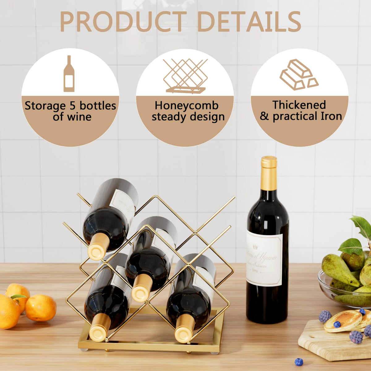 Urban Deco Gold Wine Rack on kitchen counter, modern geometric design for stylish organization.