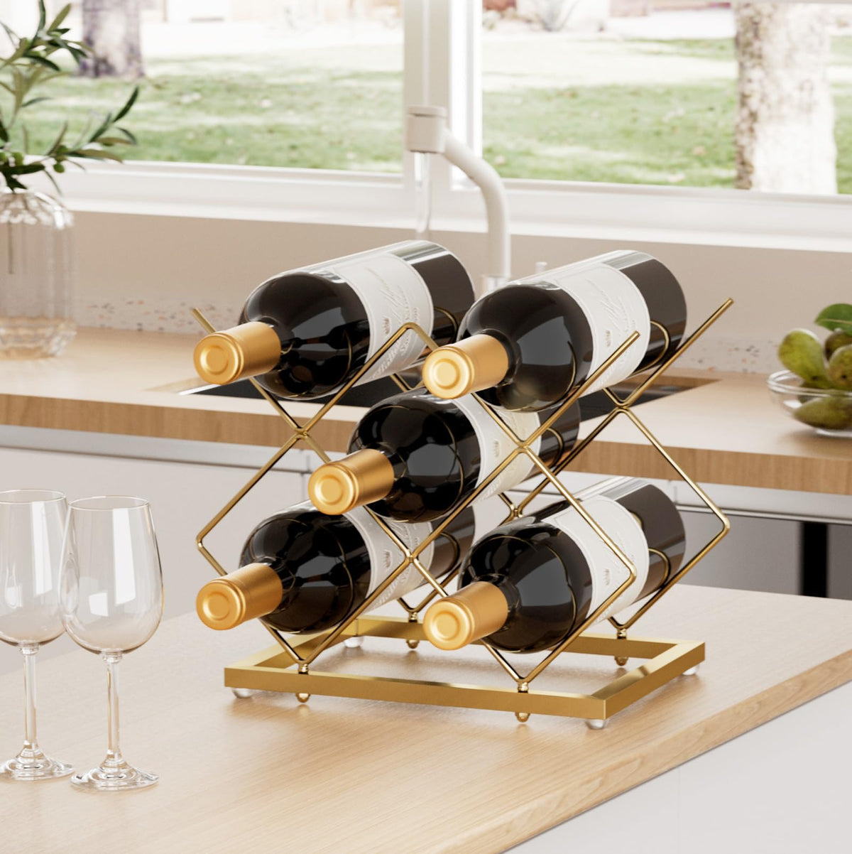 Urban Deco Gold Wine Rack side view, sturdy rust-resistant construction for small spaces.