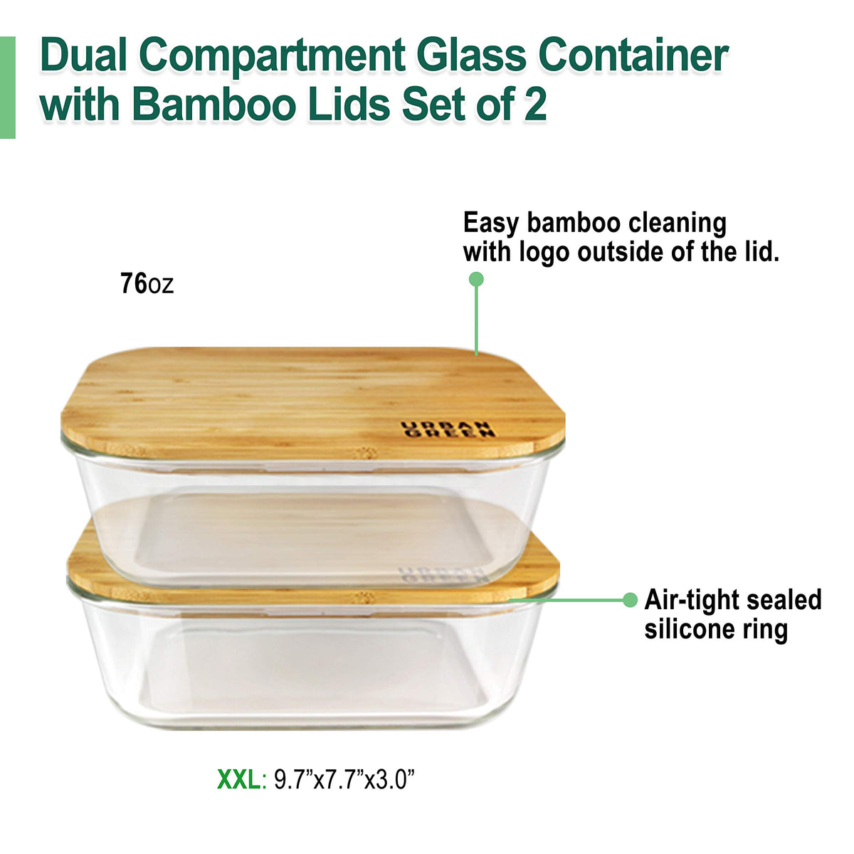 Urban Green glass container inside an oven showing heat tolerance up to 600°F.