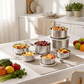 Urban Green oven-safe stainless steel containers for reheating dishes.