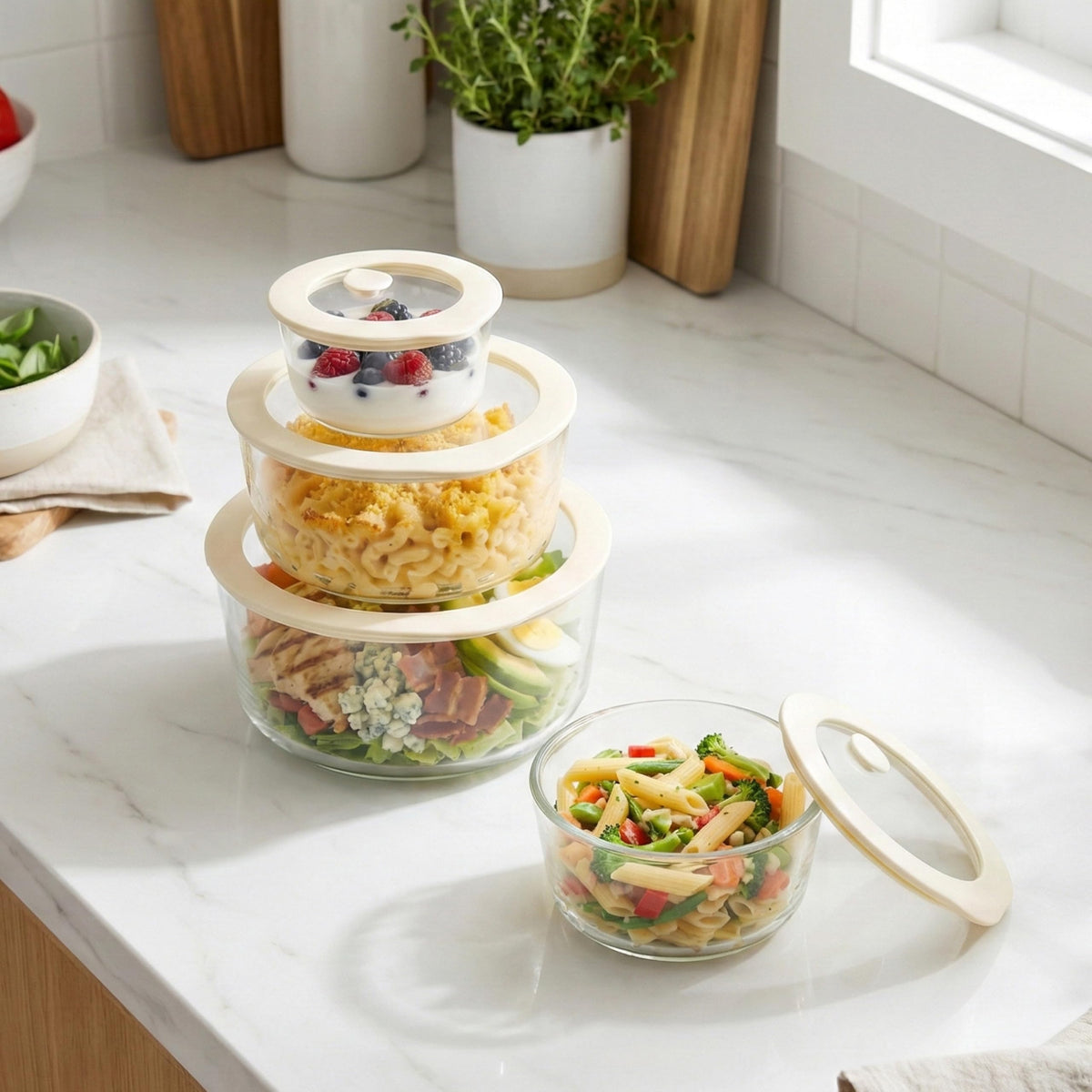 Urban Green rectangle 48oz glass container, durable and dishwasher safe for everyday use.