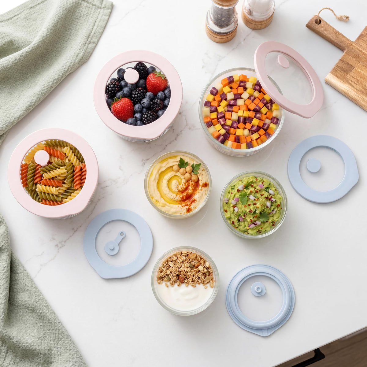 Urban Green silicone-framed glass lid close-up, BPA-free and microwave safe