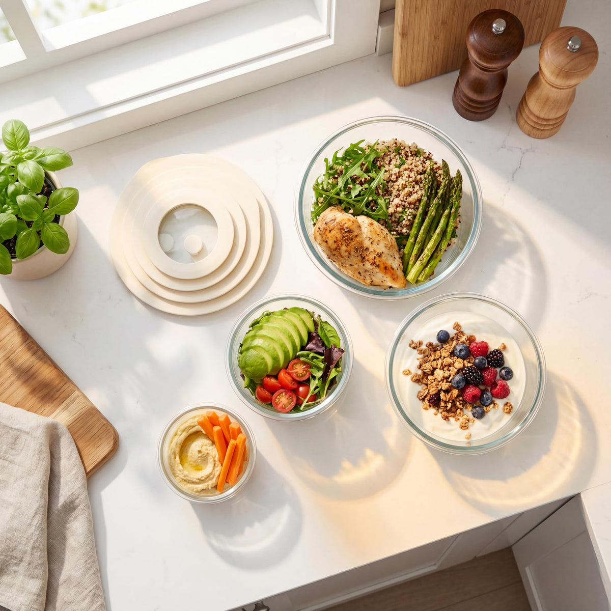 Urban Green square 39oz glass container with silicone frame, easy to store in fridge.