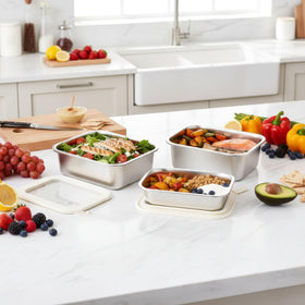 Urban Green two-pack stainless container set neatly stacked for storage.