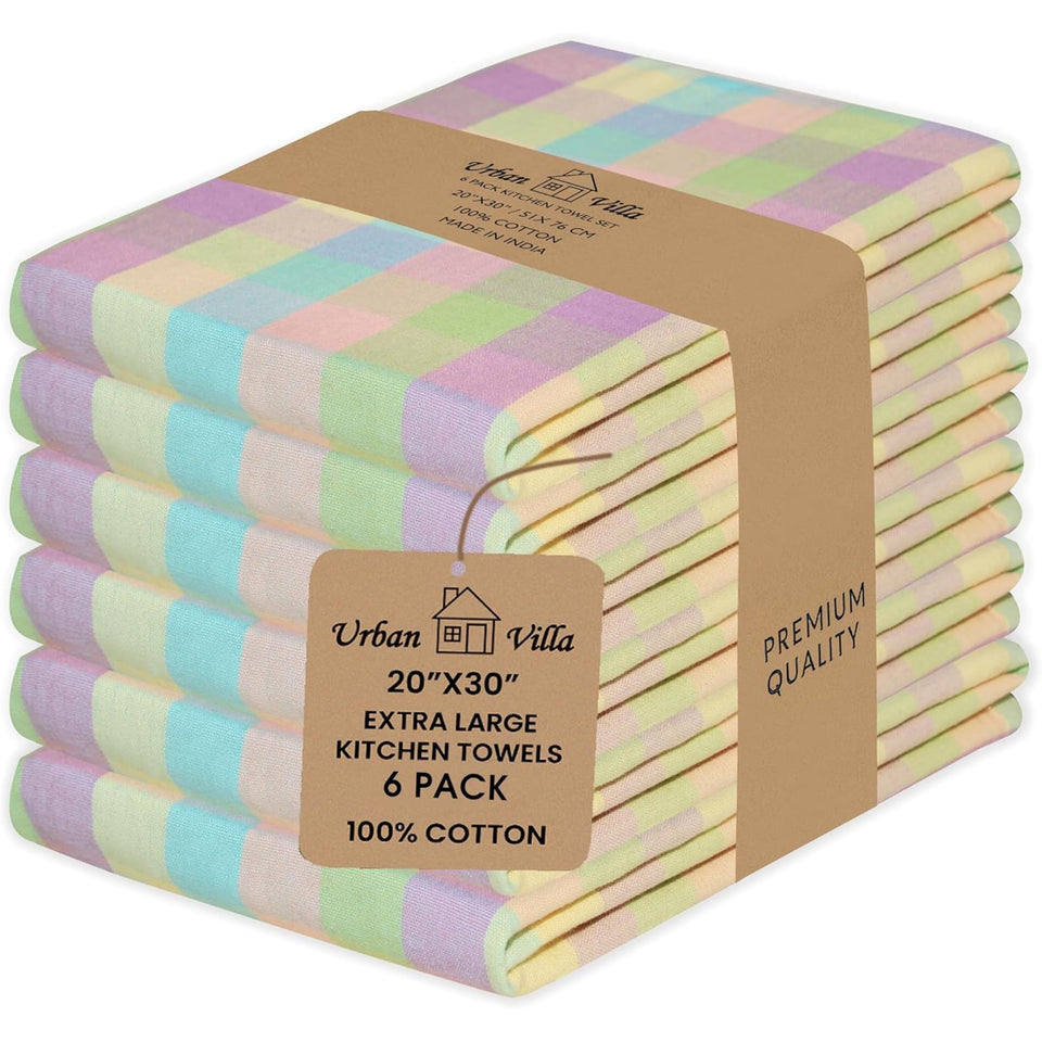 Urban Villa buffalo checks kitchen towels show soft cotton and strong absorbency for daily tasks.