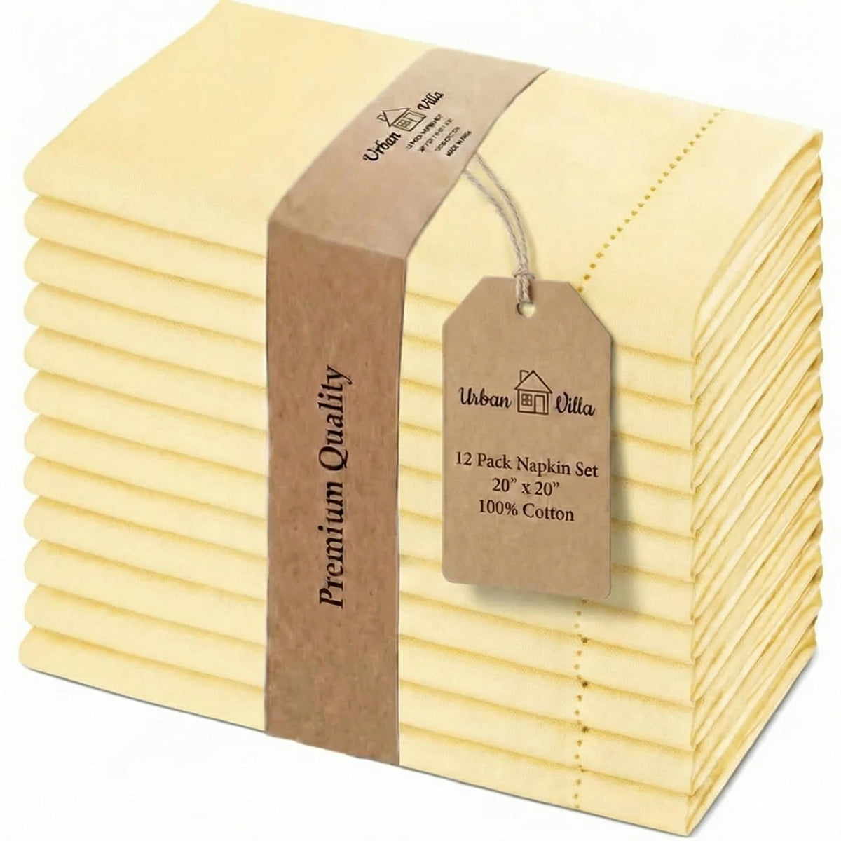 Urban Villa cloth napkins with yellow hemstitch on a stylish table setting for entertaining
