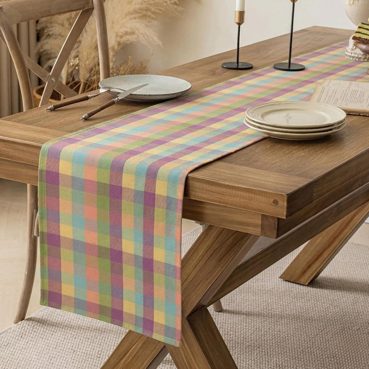 Urban Villa Easter Checks table runner close-up with crisp plaid stitching