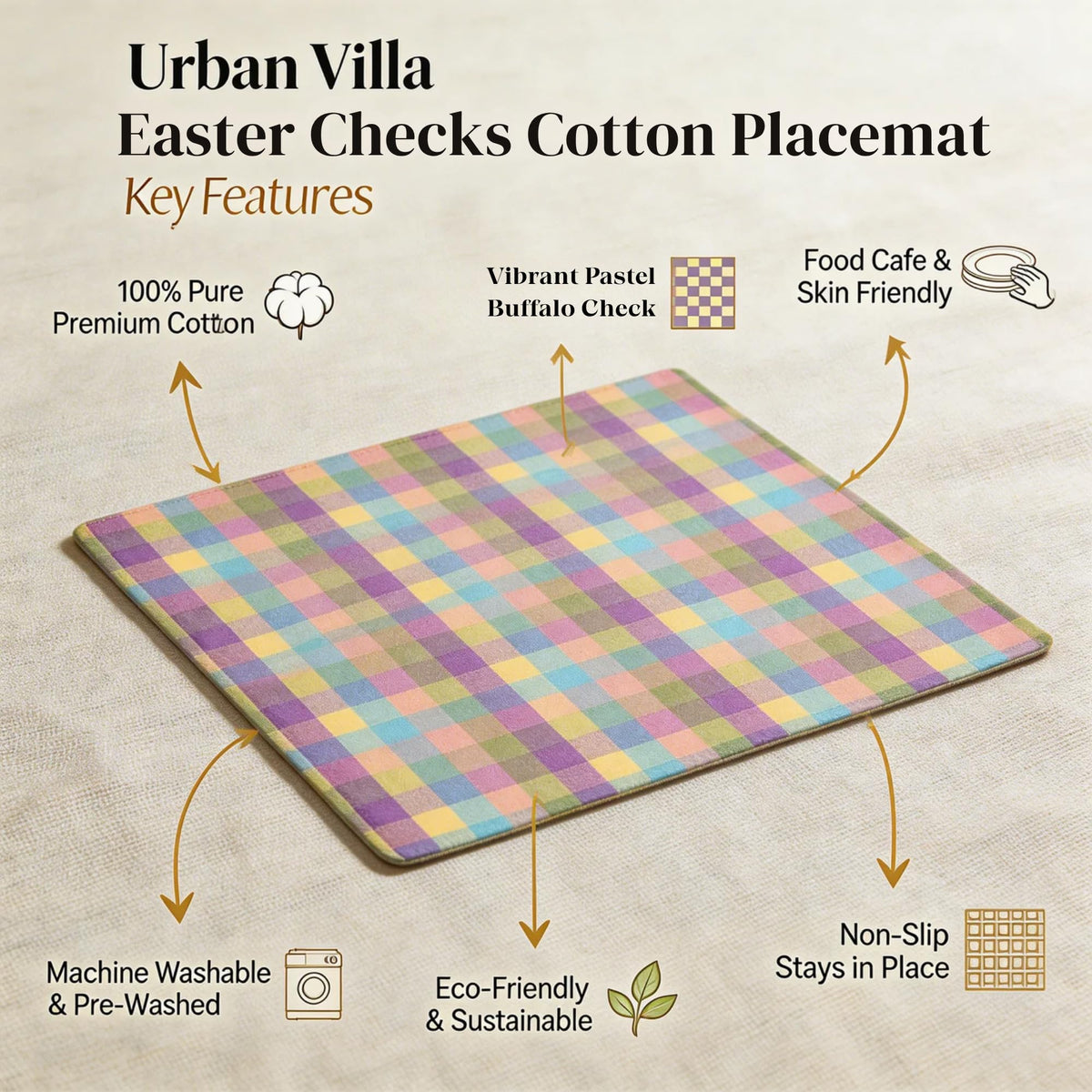 Urban Villa Easter placemats oversized 14x20 provide generous coverage.