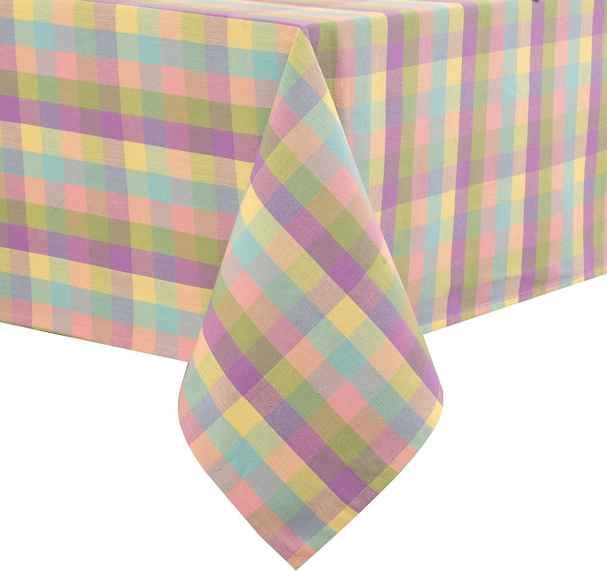 Urban Villa buffalo-check Easter tablecloth on 60x84 inch table for festive gatherings.