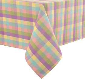 Urban Villa buffalo-check Easter tablecloth on 60x84 inch table for festive gatherings.