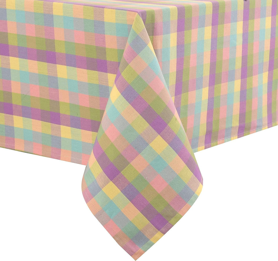 Urban Villa buffalo-check Easter tablecloth on 60x84 inch table for festive gatherings.
