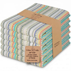 Urban Villa Kitchen Towels with beige stripes, durable and absorbent for daily drying.