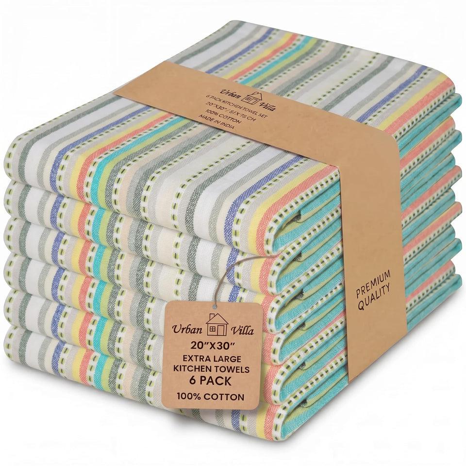 Urban Villa Kitchen Towels with beige stripes, durable and absorbent for daily drying.
