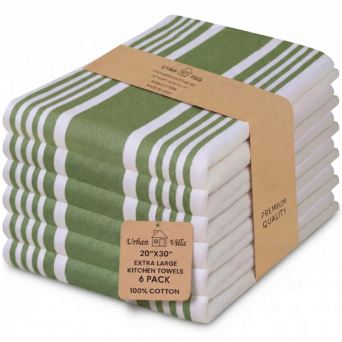 Urban Villa kitchen towels 6-piece green and white stripe set for everyday drying