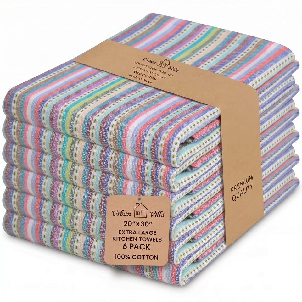 Urban Villa kitchen towels blue stripes, set of six, great for daily drying