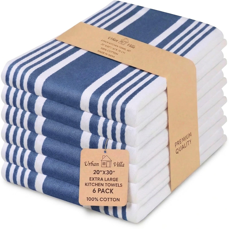Urban Villa kitchen towels blue-white striped, 20x30, set of six, soft and absorbent