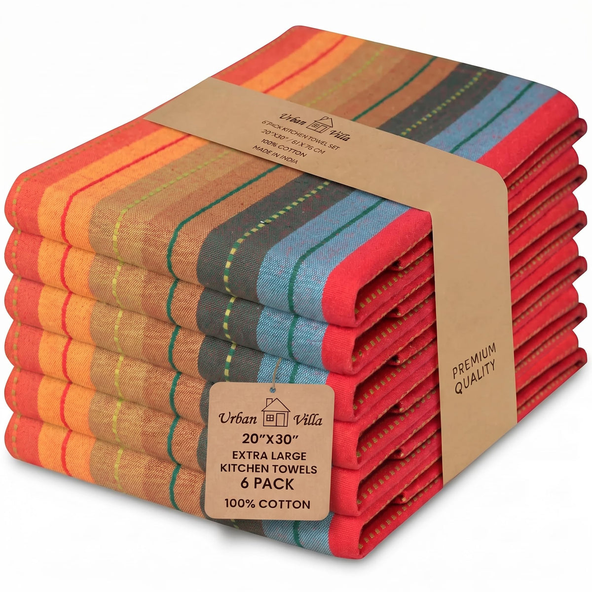 Urban Villa kitchen towels with hanging loop for easy air-drying and quick cleanup.
