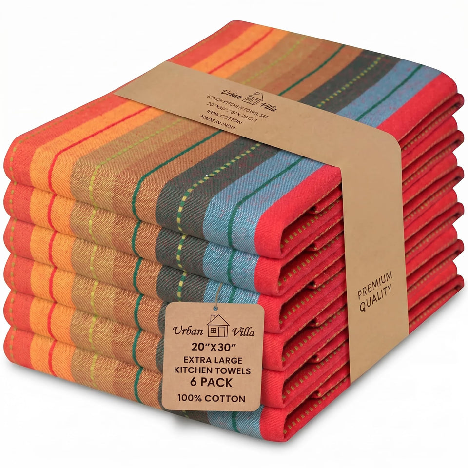 Urban Villa kitchen towels with hanging loop for easy air-drying and quick cleanup.
