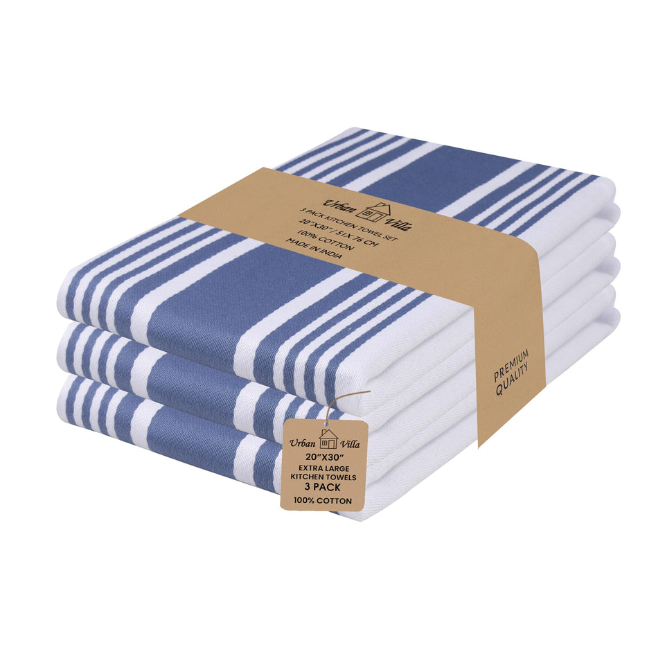 Urban Villa kitchen towels set of 3 in blue and white, ideal for daily drying.