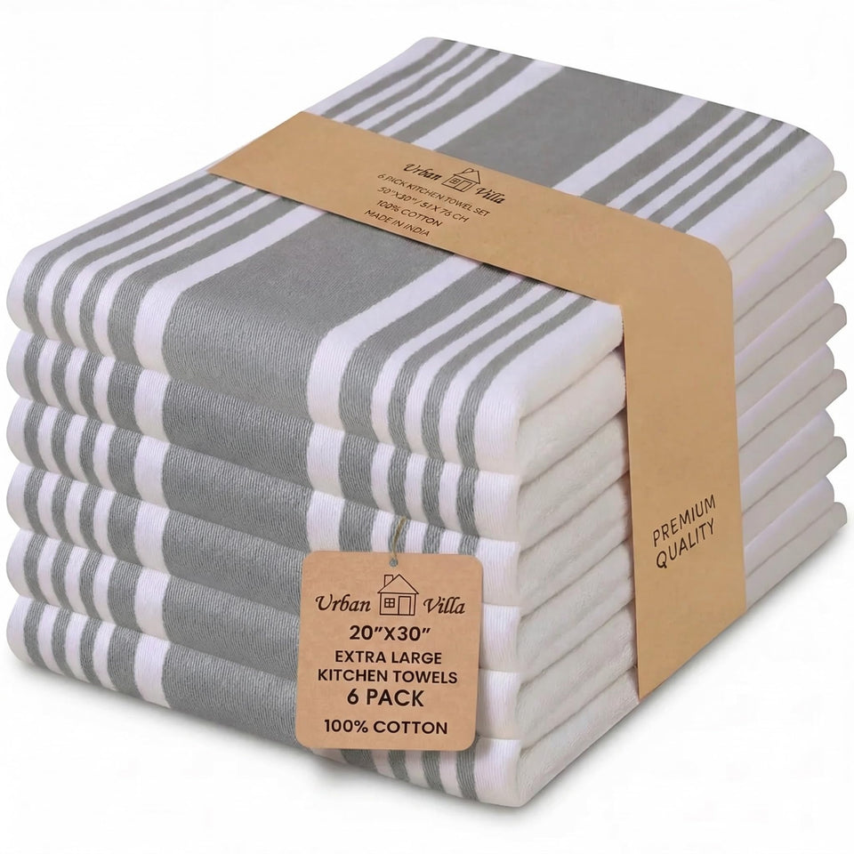 Urban Villa kitchen towels set of six in grey and white for everyday drying.