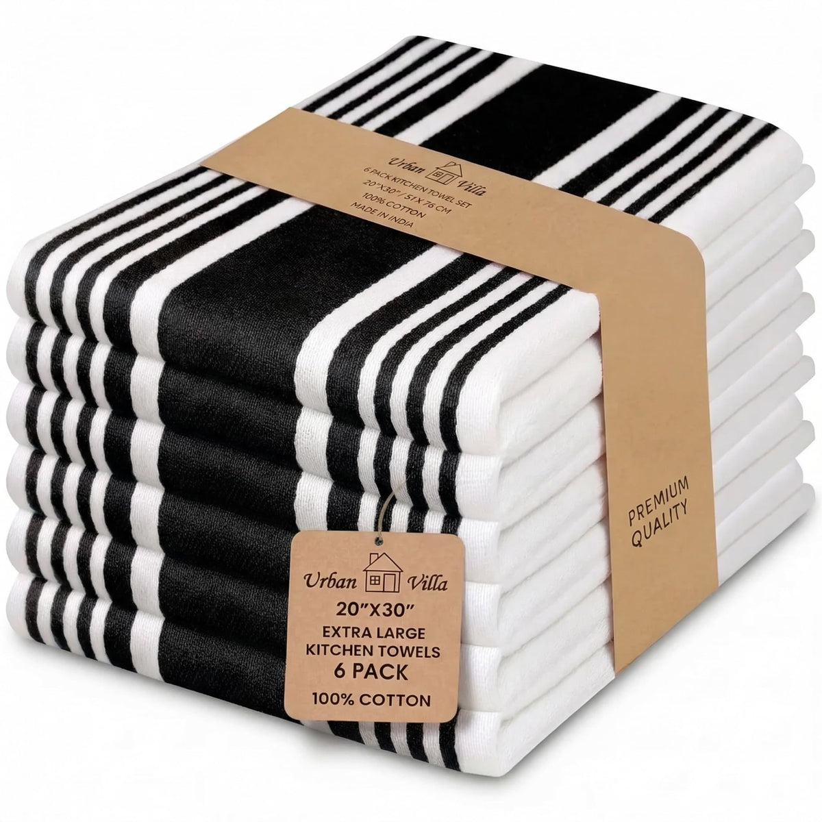 Urban Villa Kitchen Towels set6 folded show soft, highly absorbent fabric ideal for drying dishes.