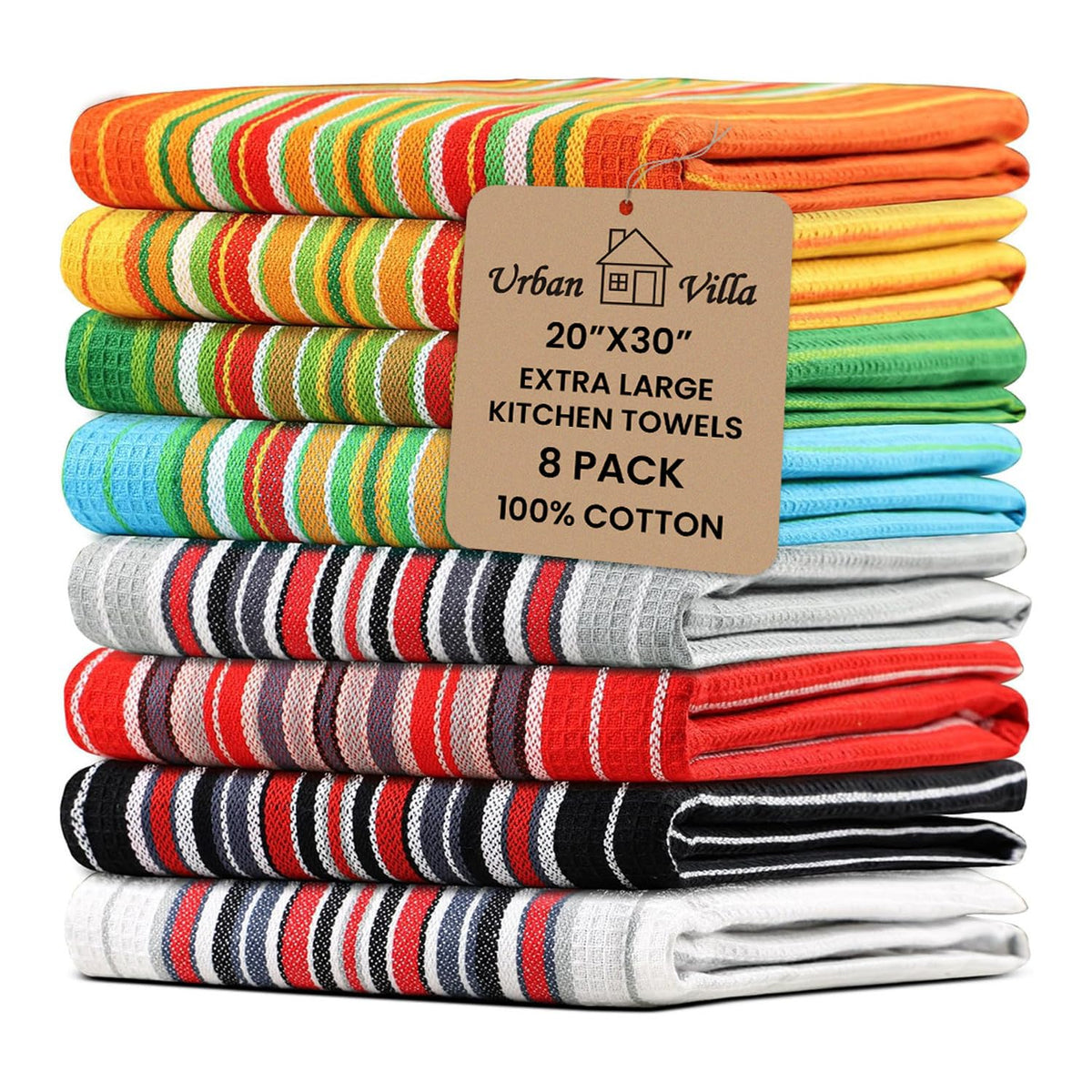 Urban Villa kitchen towels set of 8 with hanging loop, quick drying.