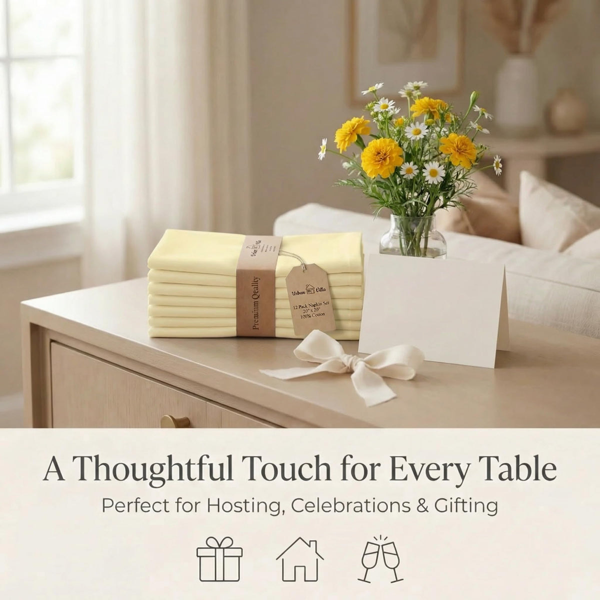 Urban Villa napkins luxury dining setup complementing fine china and glassware