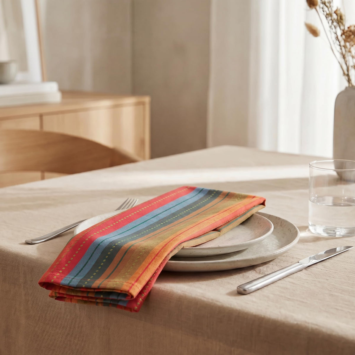 Urban Villa napkins red multi dining setup ready for family meals