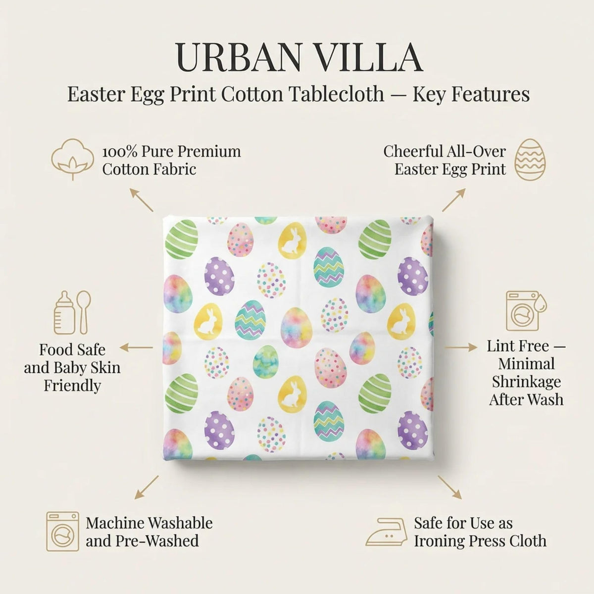 Urban Villa tablecloth 60x102-inch rectangle on table with generous coverage.