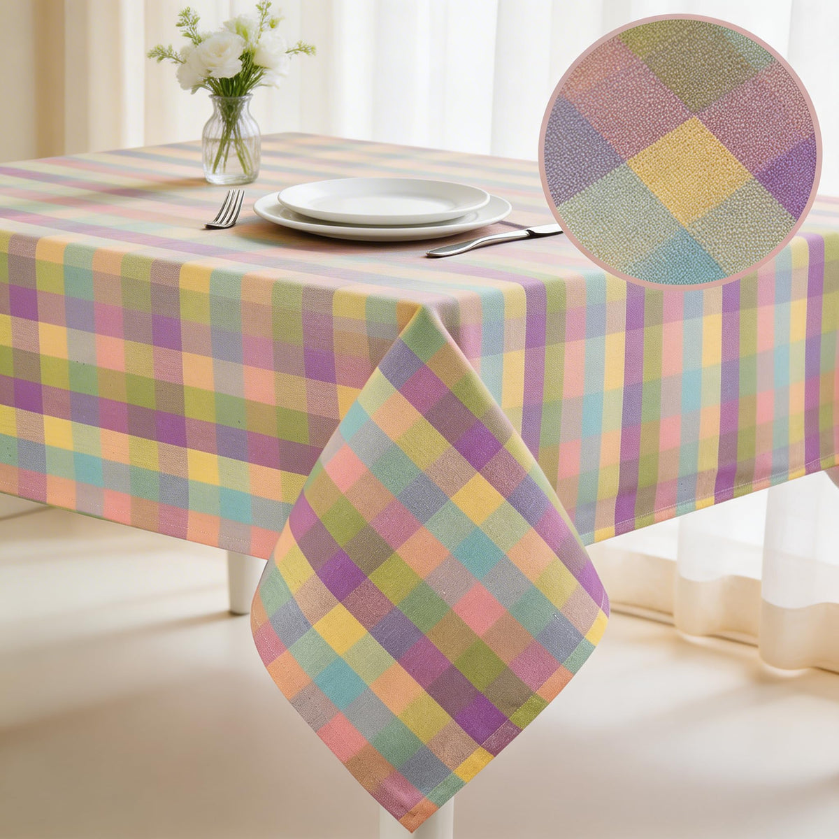 Urban Villa 100% cotton tablecloth close-up shows soft, absorbent fabric.