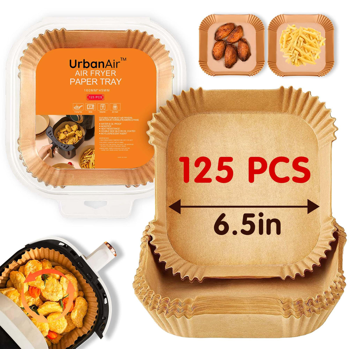 URBANAIR 6.5-inch square air fryer liner pack provides precise fit for mess-free cooking.