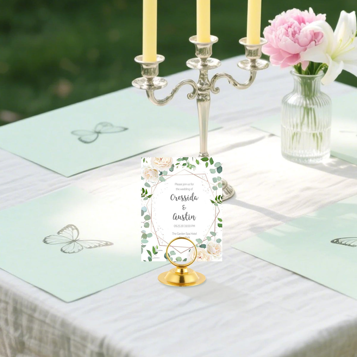 Urban Deco restaurant table card holder gold supports clear dine-in placards