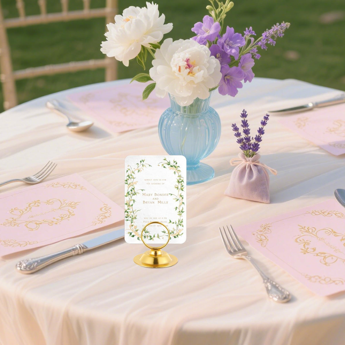 Urban Deco wedding table number holders gold complement floral decor