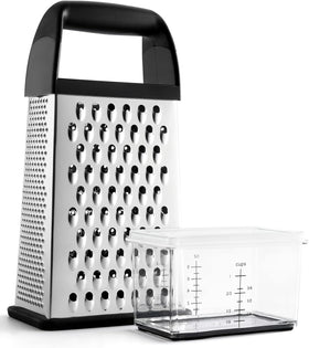 Urbanstrive cheese grater with container front view for quick, mess-free shredding.