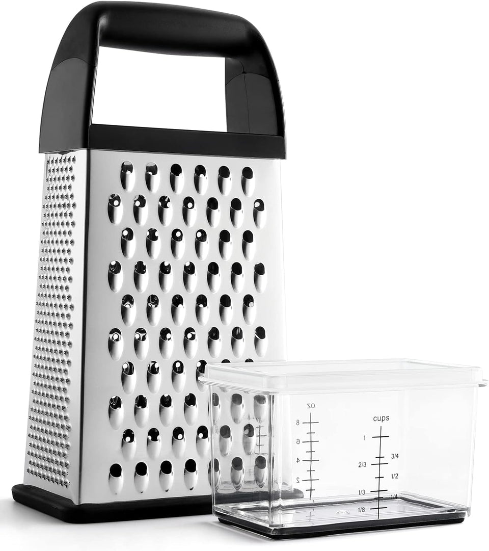 Urbanstrive cheese grater with container front view for quick, mess-free shredding.