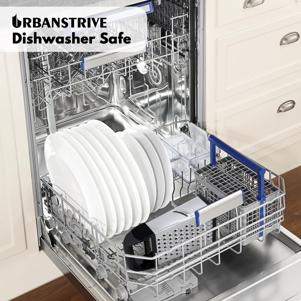 Urbanstrive grater used on cheese and vegetables in a busy kitchen.