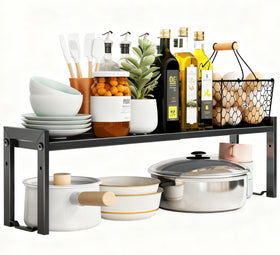 Urhomey plus expandable shelf demonstrates adjustable 16-26 inch length for flexible kitchen storage.