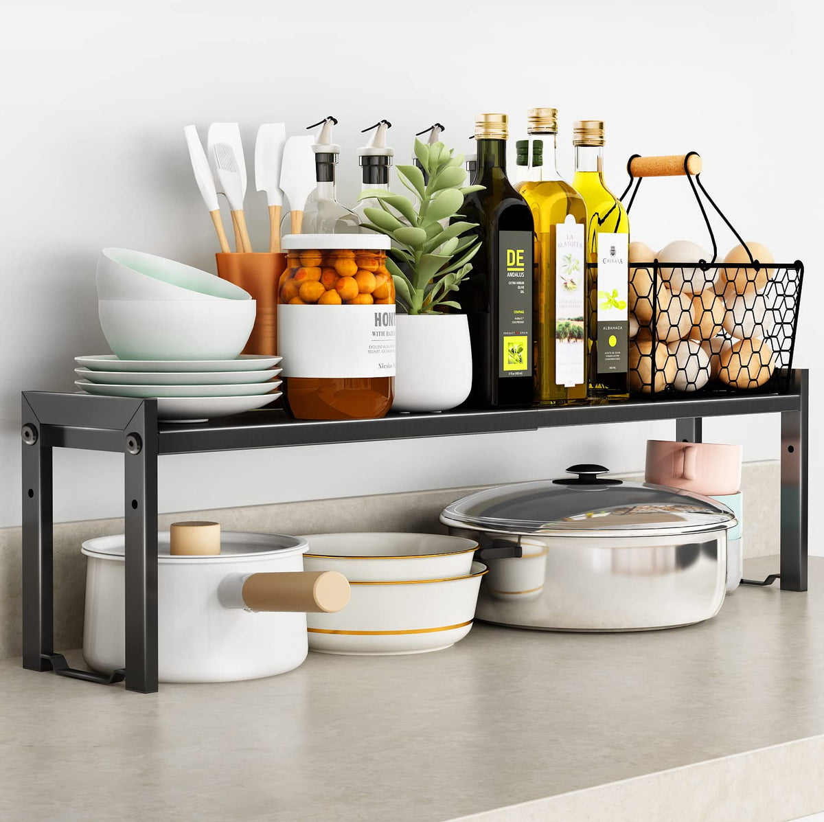 Urhomey plus expandable shelf heavy-duty design supports 22-30 lbs per shelf.