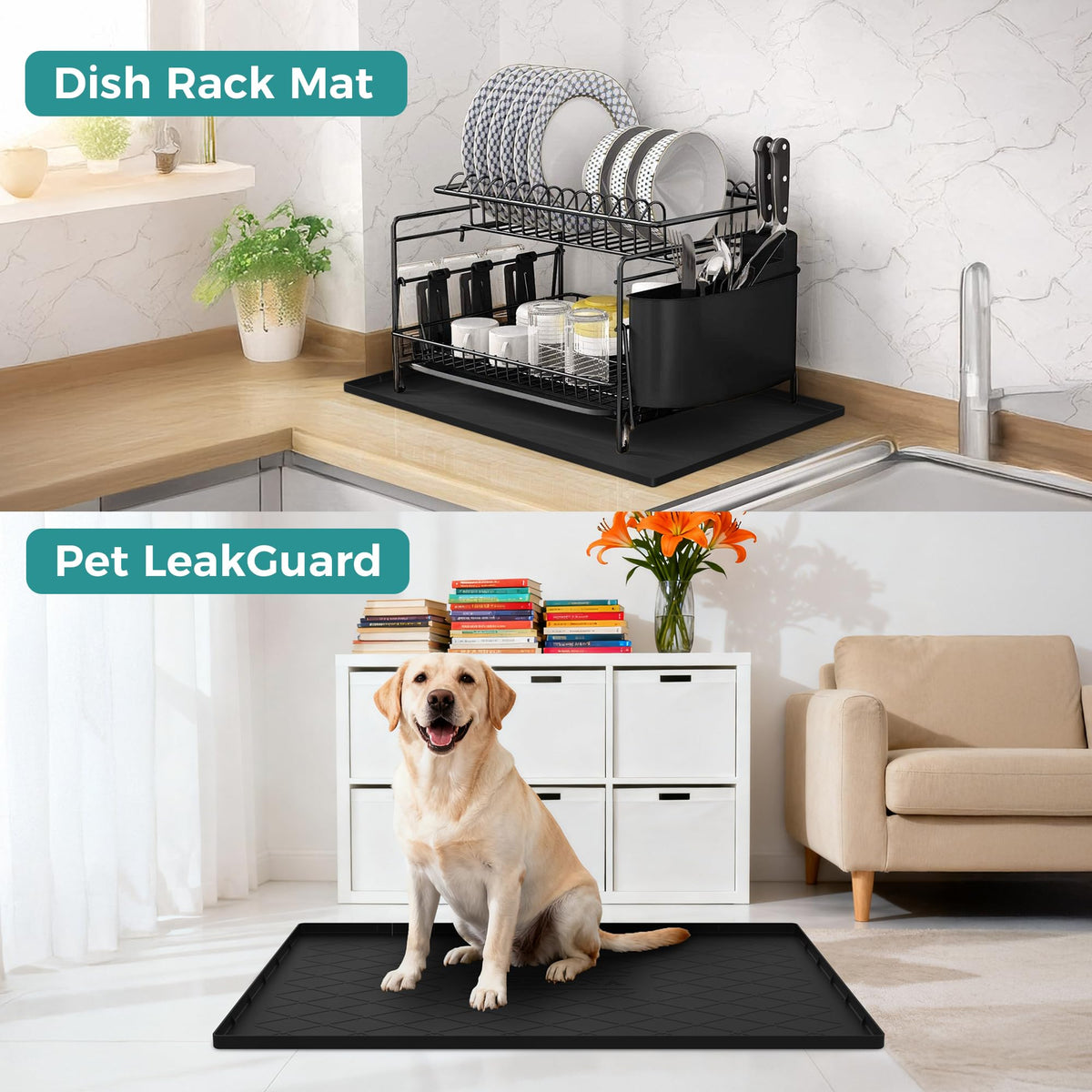 URMONA bump-pattern mat drains water and cushions items during spills