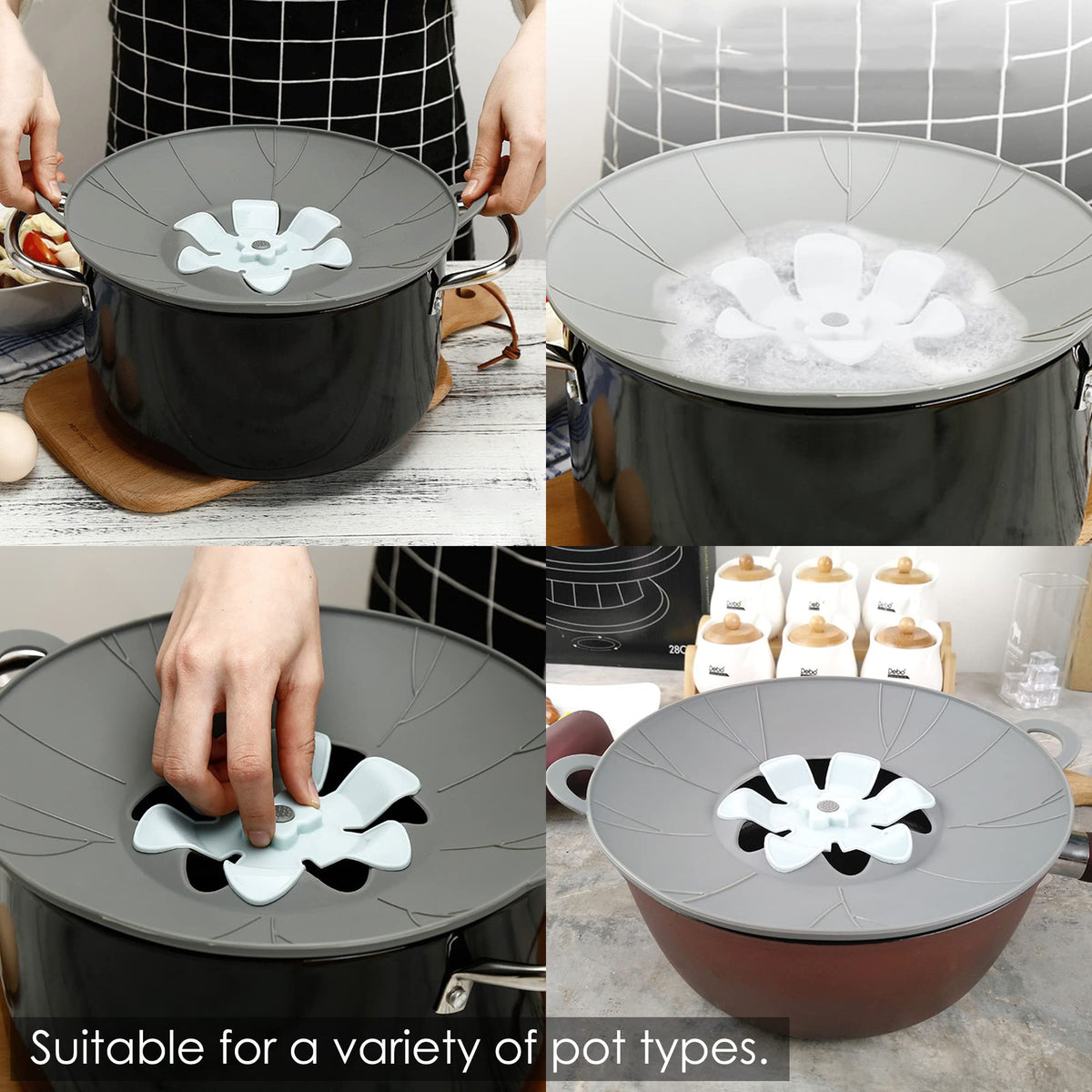 URMONA silicone lids set shown as dishwasher-safe and easy to clean.
