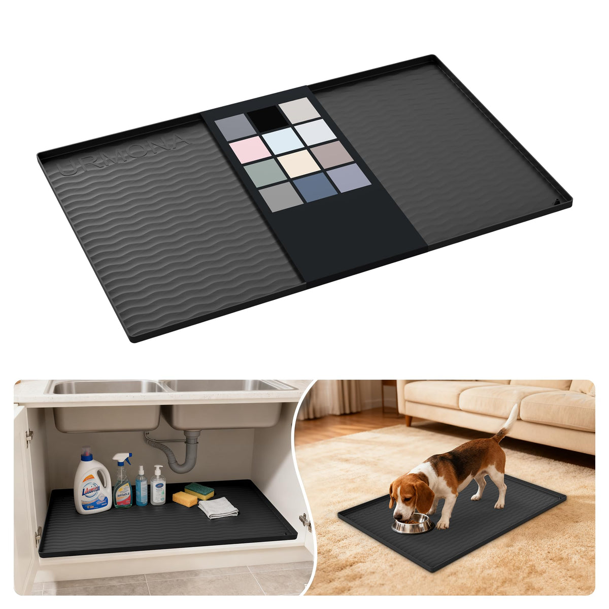 URMONA under-sink mat in black protects cabinets from spills and moisture.