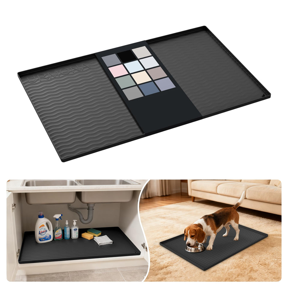 URMONA under-sink mat in black protects cabinets from spills and moisture.