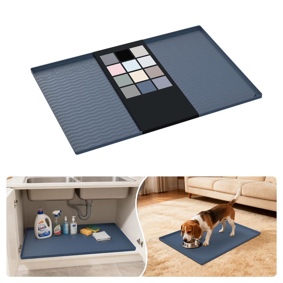 URMONA waterproof under-sink mat in dark grey protecting kitchen cabinets from spills.